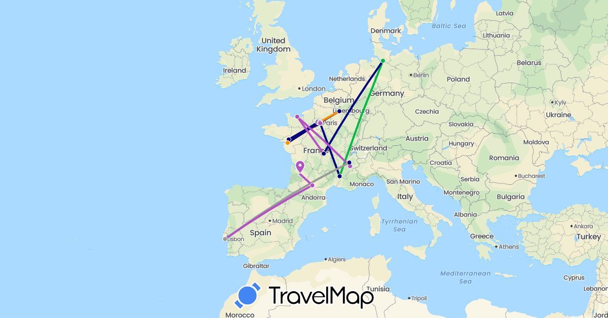 TravelMap itinerary: driving, bus, plane, train, hitchhiking in Germany, France, Portugal (Europe)